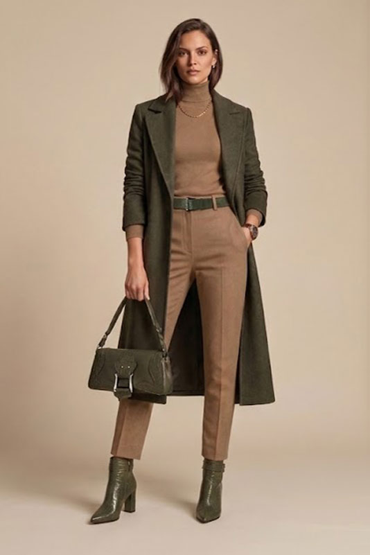 Women's forest green back-buckle ankle boots with pointed toe and high block heel - Worn view